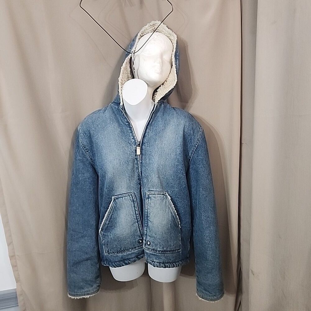 RAVE Women’s Denim Hooded Lined Jacket Sz L Blue With Pockets Vintage 28101